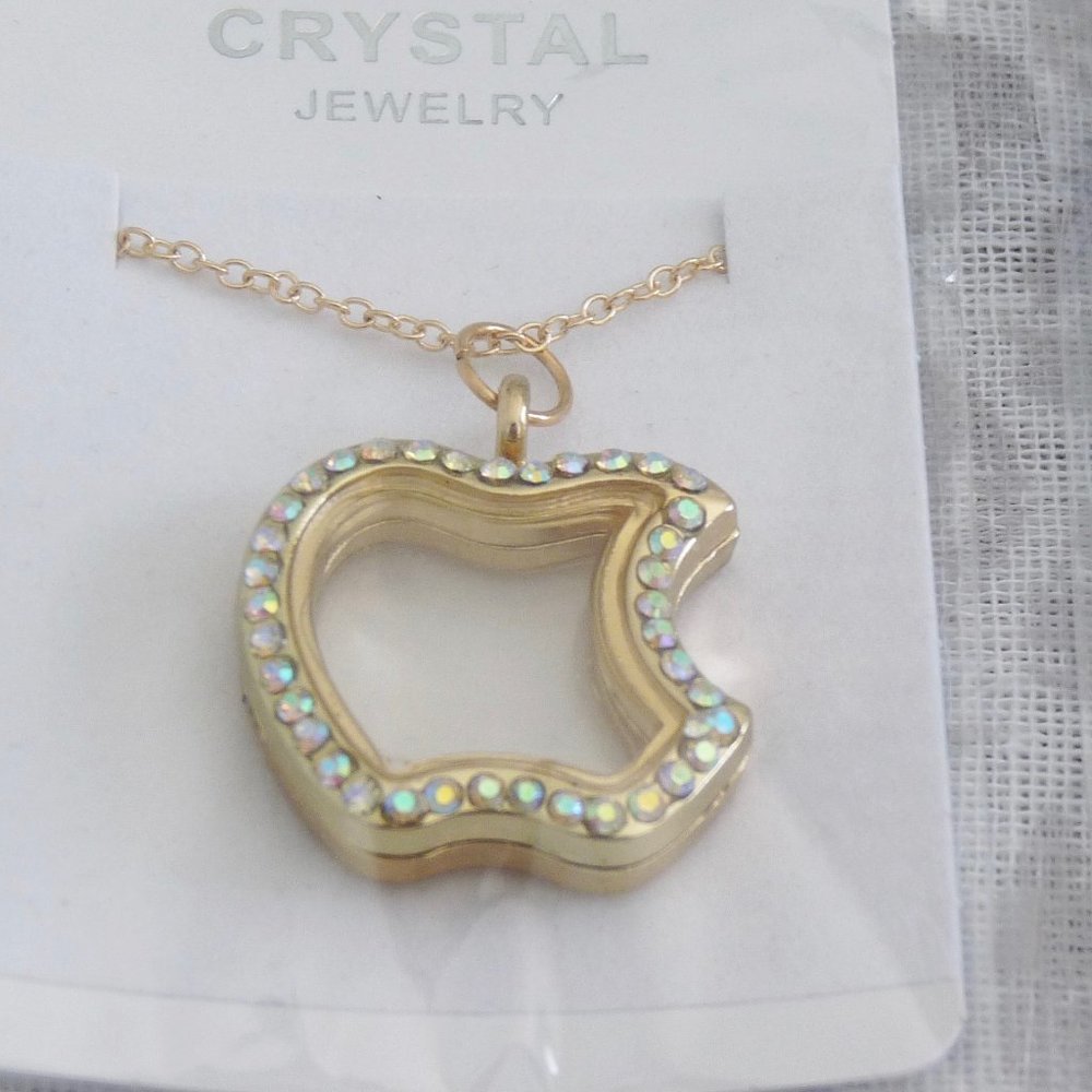 🎁 FREE w/$15 Clear/Gold Apple Teacher Floating Charm Lockets Memory Pendants